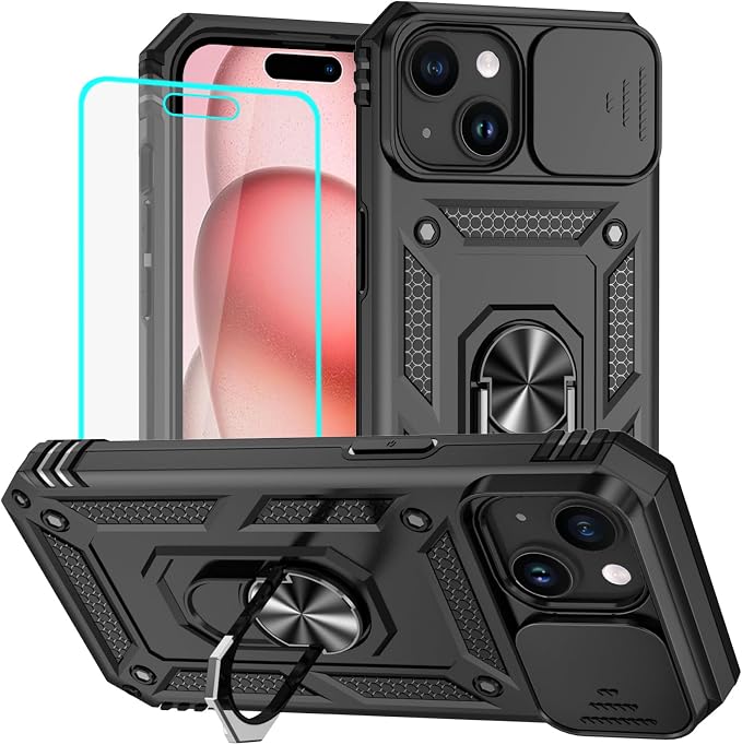 HNHYGETE for iPhone 15 Case with HD Screen Protector: [Military Grade 20ft. Drop Tested] Ring Shockproof Protective Phone Case for - iPhone 15 Black by HNHYGETE