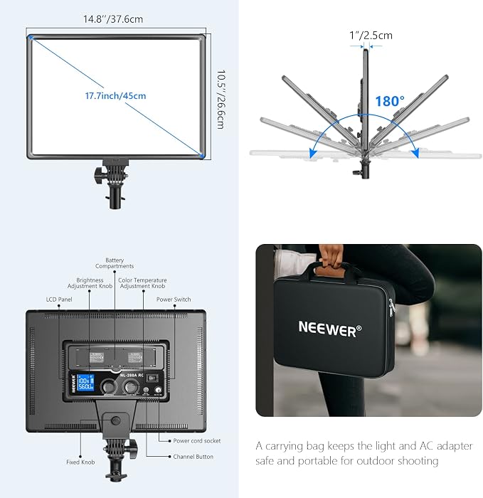 NEEWER NL288 LED Video Light with 2.4G Remote, 45W 4800Lux 3200K-5600K | CRI97+, Dimmable, Bi Color 18" Soft Light Panel, for Photography YouTube Live Stream Game Zoom Meeting(Battery Not Included) - Image 3