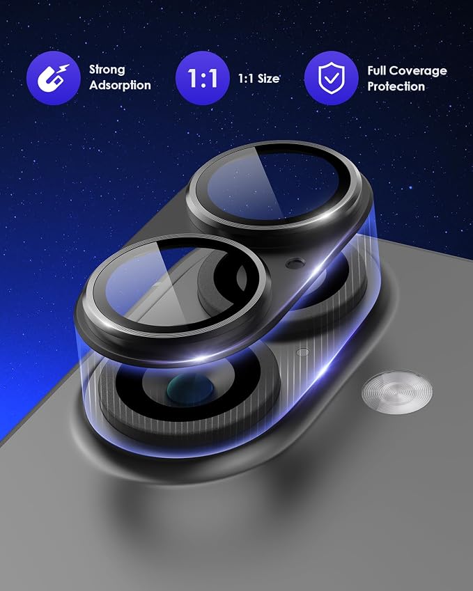 Compatible for iPhone 17 /iPhone 16 /iPhone 16 Plus Camera Lens Protector Metal Plus Aluminium Alloy Ring 9H Tempered Glass Screen Case Friendly Camera Cover Black - Image 2