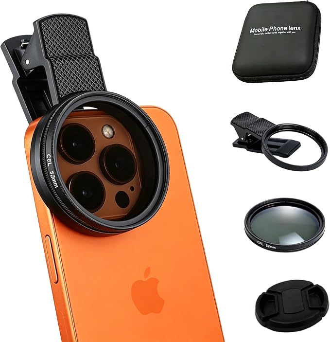 New CPL Phone Camera Filter Kit with Polarization, Universal Clip-On to Eliminate Glare & Boost Colors for iPhone 17 16 15 14 13 12 11 and Other Smart Phones Photography (52mm) by Unknown
