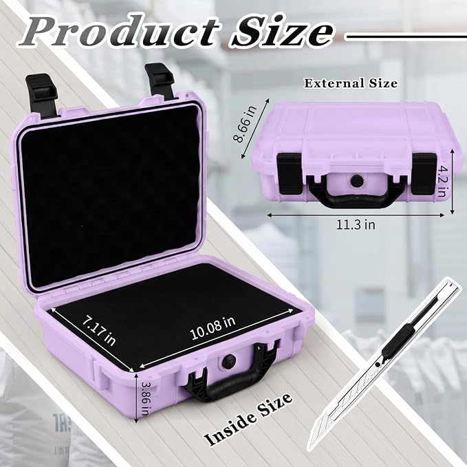 Relaxweex 1 Pcs Waterproof Hard Case with DIY Customizable Foam Insert Portable Protective Case with Knife for Camera Drones Equipments Tools Test Instruments(Purple,11.3 x 8.7 x 4.2 Inch) - Image 2