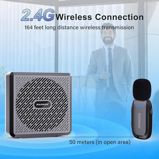Wireless Lavalier Microphone with Voice Amplifier for Teachers | Bluetooth Speaker with Lapel Mic, Charging Portable Mini Mics, 2.4G Clip Microphones System for Tour Guides Fitness Meetings - Image 2
