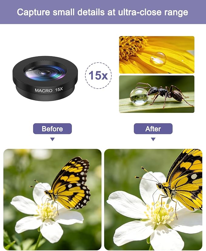 7-in-1 Cell Phone Camera Lens Kit, 15X Macro, 0.63X Wide Angle, 2X Telephoto, 198° Fisheye, CPL, Star & Kaleidoscope Filters, Compatible with iPhone, Samsung & Most Major Smartphone - Image 2