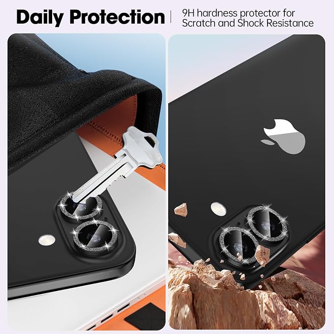 for iPhone 16/16 Plus Camera Lens Protector Bling Glitter, Black | Individual Metal, 9H Hardness, Scratch Resistant, Shockproof, Drop Protection, Case Friendly, Stylish Accessories - Image 3