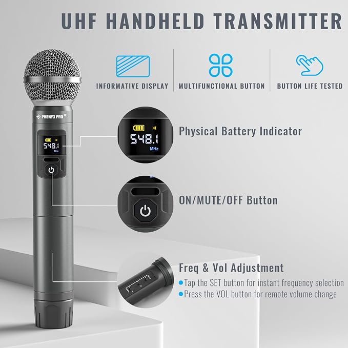 Phenyx Pro 4-Ch UHF Handheld/Bodypack Wireless Microphones PTU-5200-2H2B | 2 Handheld Mics, 2 Bodypacks, Headset/Lapel Mics, 4 x 25 Frequencies, 200 ft Range, Stage Vocals, Karaoke, Church Services - Image 3