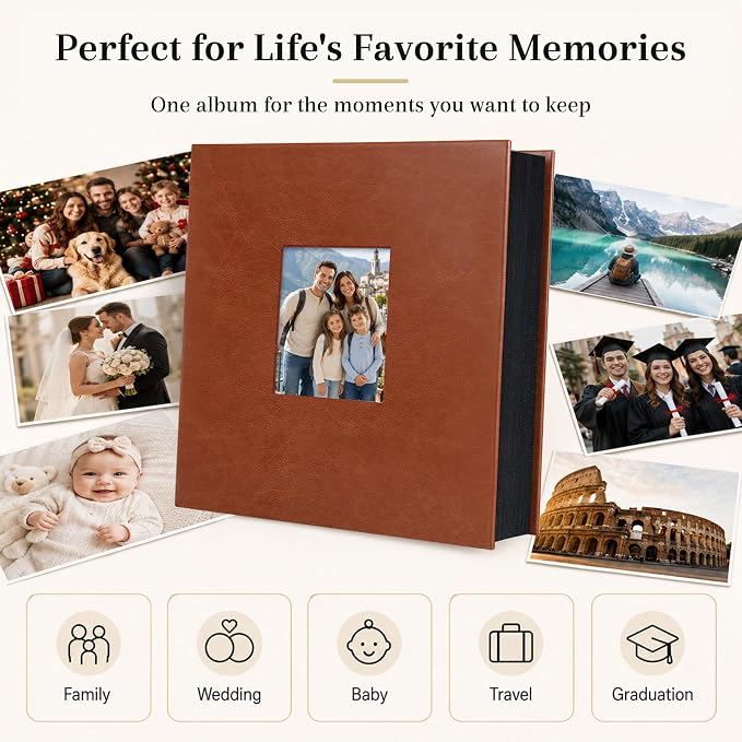 Aevdor Large Capacity 4x6 Photo Album, 1000 Photos, Leather Cover, Brown | 3 Horizontal + 2 Vertical per Side, Acid-Free Black Inner Pages, Front Display Window, Family, Wedding & Everyday Photos - Image 7