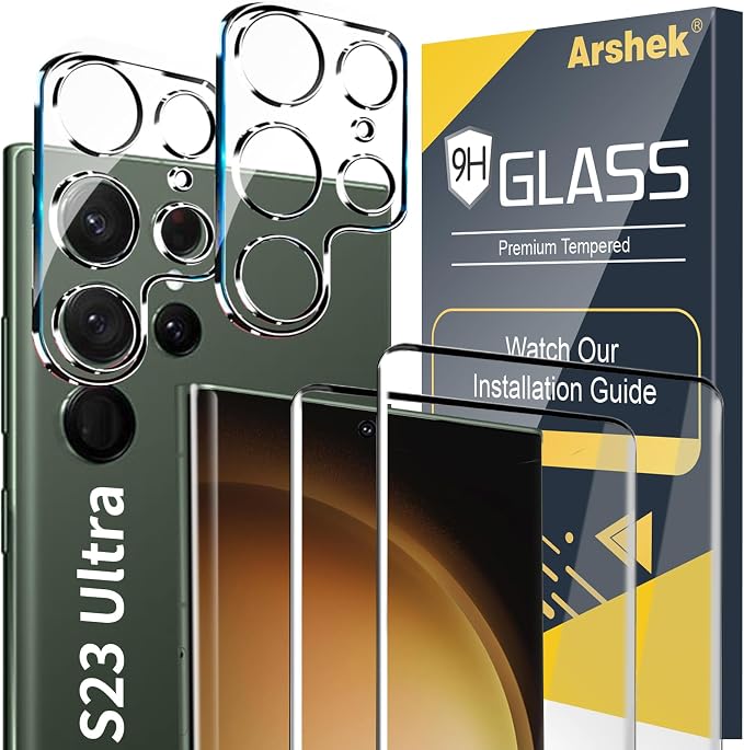 [2+2 Pack] Galaxy S23 Ultra Screen Protector, 9H Tempered Glass, Ultrasonic Fingerprint Support, 3D Curved, HD Clear Scratch Resistant for Samsung Galaxy S23 Ultra 5G Glass Screen Protector by Arshek