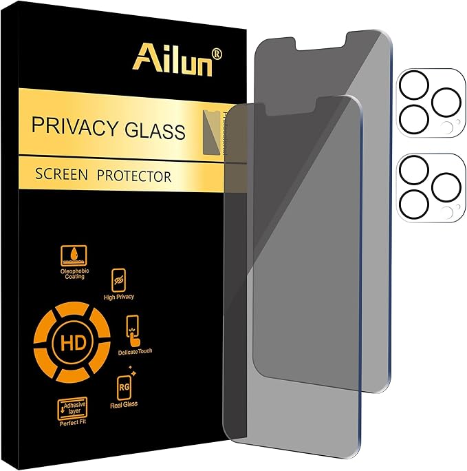 Ailun Privacy Screen Protector + Camera Lens Protector for iPhone 13 Pro | 2+2 Pack, 6.1 Inch Display, Anti Spy Private Tempered Glass Film, HD by Ailun