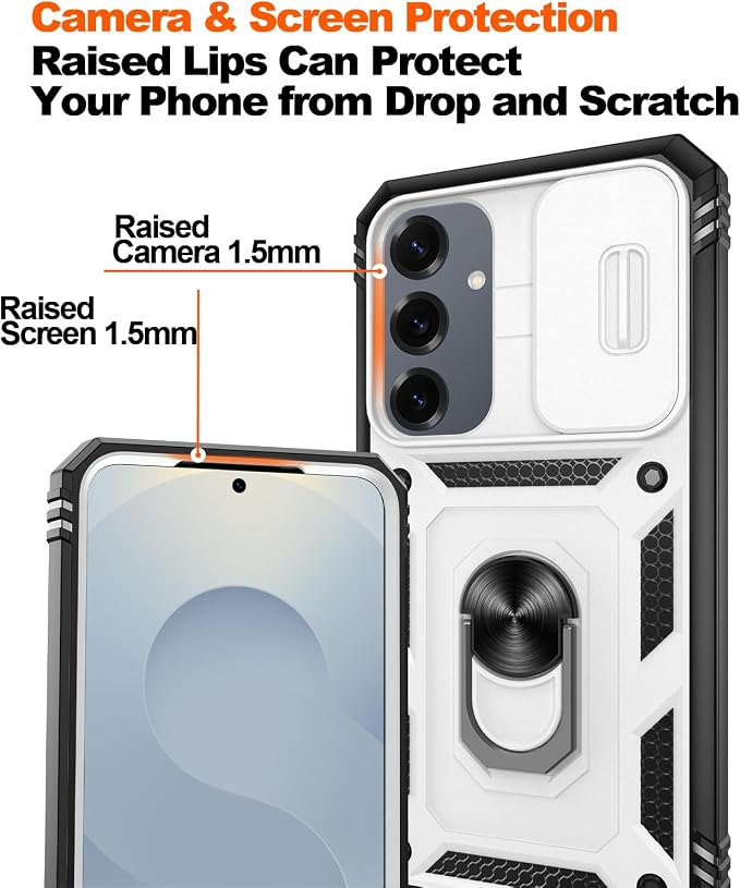 Fit for Samsung Galaxy S25 Plus Phone Case with Slide Camera Cover | 2 Pack Screen Protector, Build in 360° Rotating Ring Kickstand, Military Grade Shockproof Protective Phone Case, White+Black - Image 5
