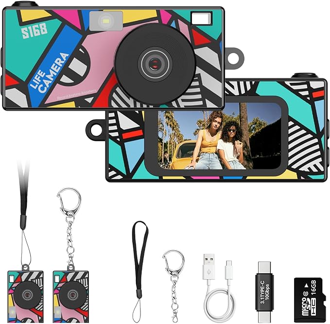Mini Keychain Digital Camera, Y2K Retro Pocket Camera with 1.47 Inch Screen, 1440P Video, 2MP Photos, 16GB Card, Flash, Type C, Tiny Vintage Camcorder for Kids Teens Travel Vlog (Black) by Dienspeak