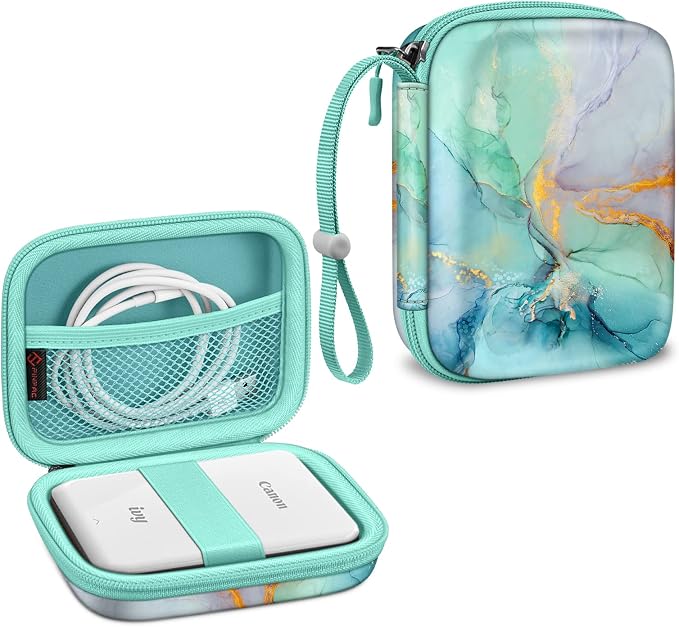 FINTIE Protective Case for Canon Ivy 2 Mini, CLIQ2 & CLIQ+2 Photo Printer | Shockproof Hard Shell Carrying Case, With Wrist Strap, Pocket Camera Storage, Charger Cable Organizer, Emerald Marble by Fintie