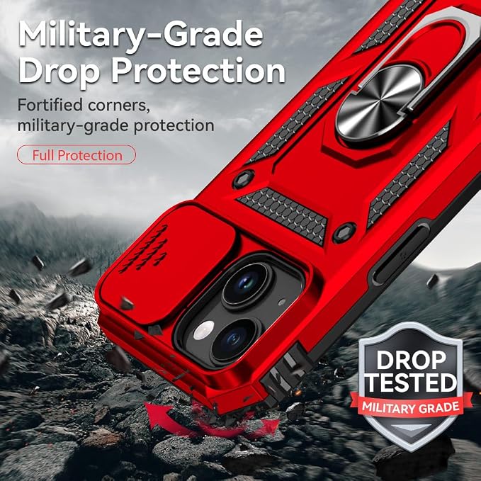 HNHYGETE for iPhone 15 Case with HD Screen Protector: [Military Grade 20ft. Drop Tested] Ring Shockproof Protective Phone Case for - iPhone 15 Red - Image 3