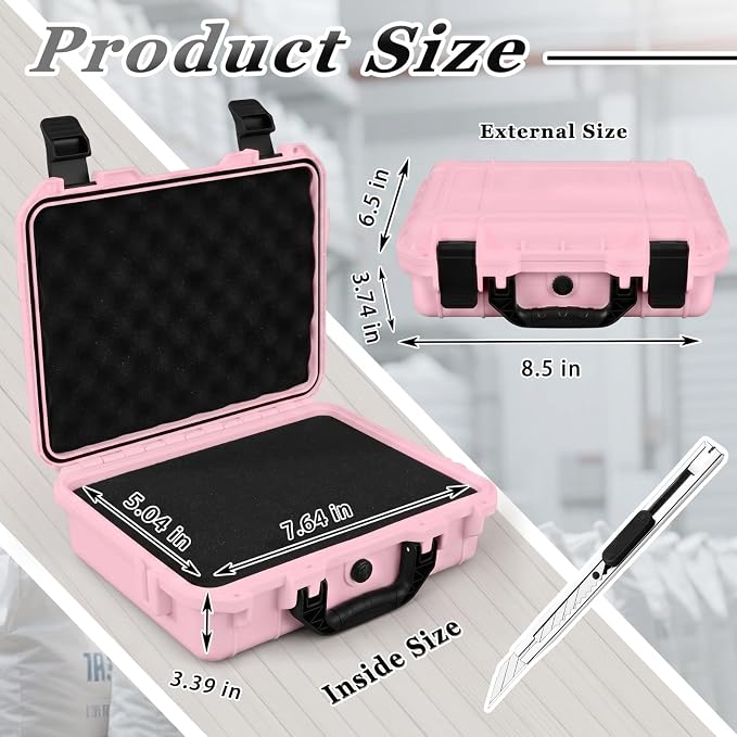 Relaxweex 1 Pcs Waterproof Hard Case with DIY Customizable Foam Insert Portable Protective Case with Knife for Camera Drones Equipments Tools Test Instruments(Pink,11.3 x 8.7 x 4.2 Inch) - Image 2