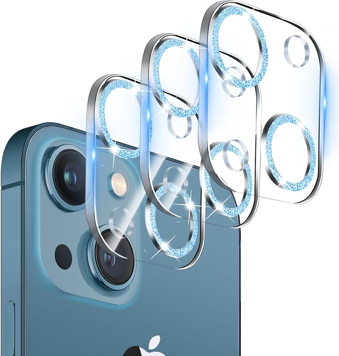 【3 Pack】Dengduoduo Tempered Glass Camera Lens Protector for iPhone 13 6.1" & iPhone 13 Mini 5.4", Bling Glitter Sparkle Ultra HD, 9H Hardness, Anti-Scratch, Case Friendly, Easy to Install [No Affect by Dengduoduo