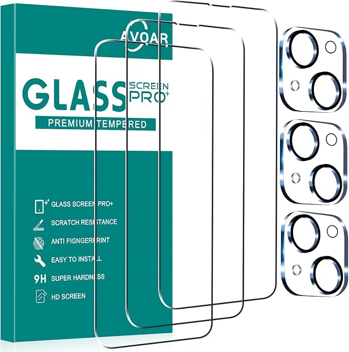 3+3 Pack Glass Screen Protector for iPhone 15, 6.1 Inch | Camera Lens Protector, HD Clear Tempered Glass Film, Anti-Scratch, Bubble Free, Case-friendly by AVOAR