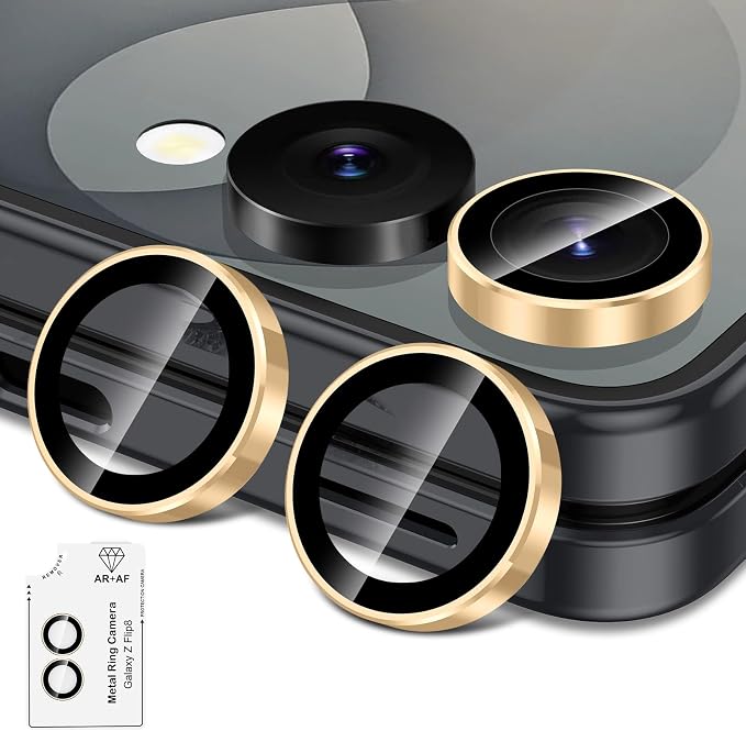 for Samsung Galaxy Z Flip 8 Camera Lens Protector, Individual Metal Ring Tempered Glass Lens Cover, [Strong Adsorption] Scratch Resistant Ultra-Thin HD Clear Lens Cover, 1 Set-Gold Ring by Btscase