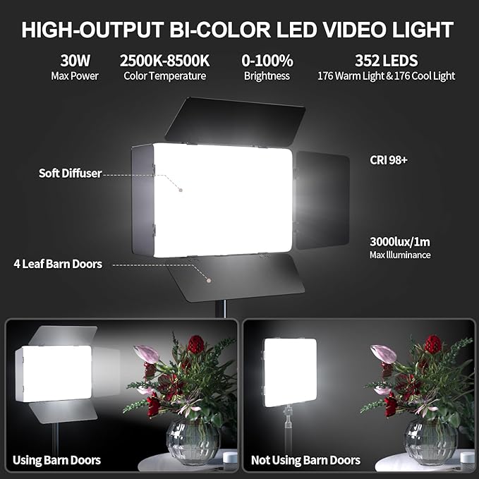 2 Pack LED Video Light with Barndoor, 30W Photography Lighting with Tripod Stand, 3000Lux CRI 98+ 2500K-8500K Studio Light Podcast Lighting for Video Recording, Game Live Streaming, Vlogging - Image 2