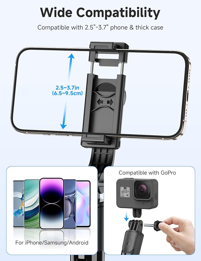 Portable Selfie Stick, 4 in 1 Extendable Phone Tripod Stand with Detachable Wireless Remote & Phone Holder 360° Rotating Mini Travel Tripod Compatible with iPhone 16/15/14/13 Pro/Android/Gopro - Image 5