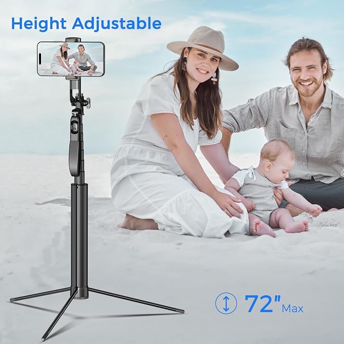 Selfie Stick Tripod for Phone with Remote Control & Holder, 72 Inch, Black | Extendable Selfie Stick for iPhone, iPhone Tripod for Video Recording - Image 3