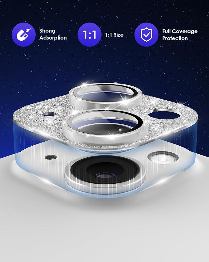 Compatible for iPhone 15/ iPhone 15 Plus/iPhone 14/ iPhone 14 Plus Camera Lens Protector GL-Plus Aluminium Alloy Ring 9H Tempered Glass Screen Camera Cover GL-Silver - Image 2