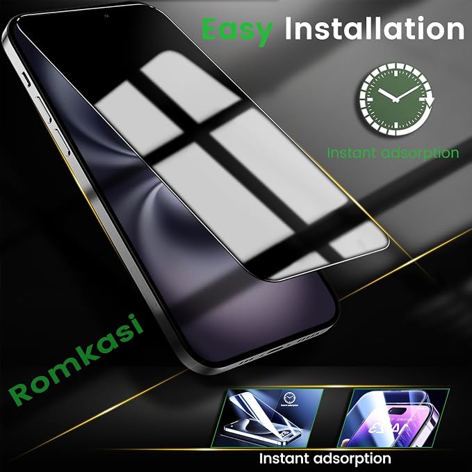 Romkasi 4 Pack Privacy Screen Protector for iPhone 16 6.1 Inch with 4 Pack Camera Lens Protector, Anti Spy Tempered Glass Film, Anti-Scratch, Touch Sensitive, Case Friendly - Image 6