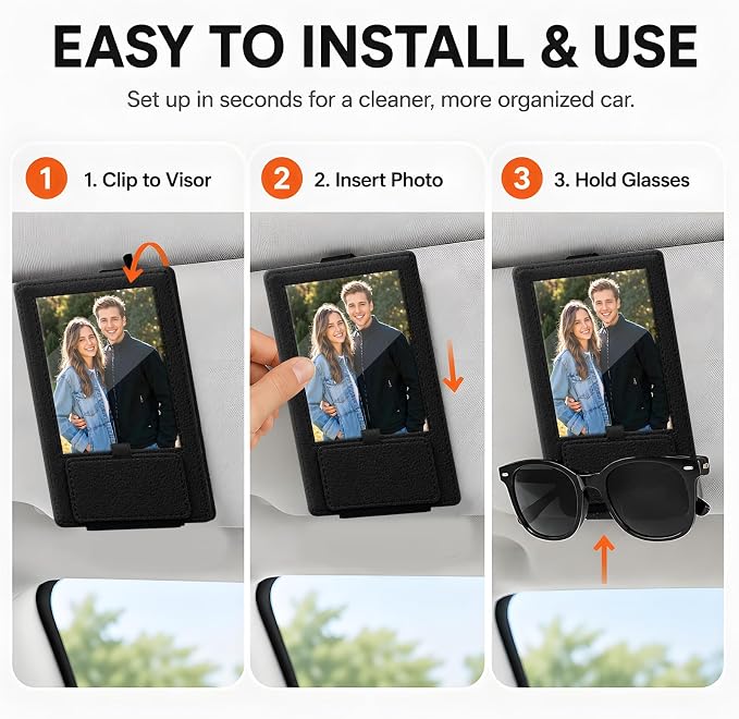 2-in-1 Car Visor Sunglasses & Photo Holder, Magnetic PU Leather Glasses Clip with Picture Display Slot, Universal Sun Visor Organizer for Eyeglasses, Personalized Cards & Memories, Black - Image 4
