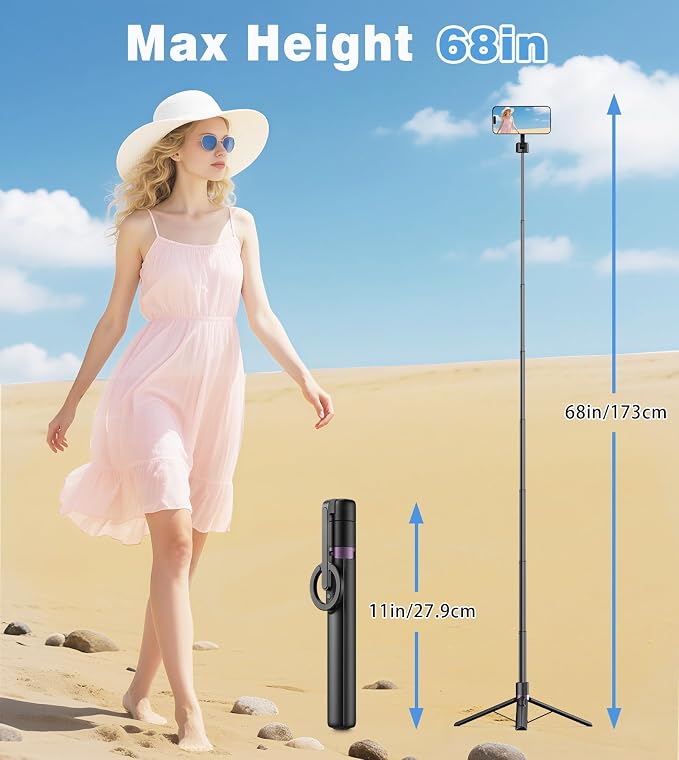 TONEOF 68" Magnetic Aluminum Phone Tripod Selfie Stick for iPhone & Android | Rechargeable Remote,360° Rotatable Foldable Cell Phone Stand Holder with Metal Ring,Travel Tripod for Magsafe (Black) - Image 6