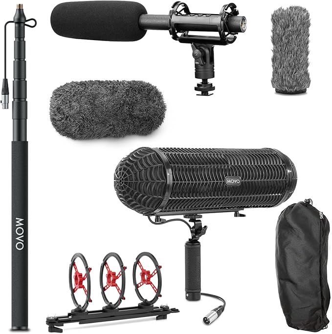 Movo Boom Mic Kit for Filmmaking – Supercardioid Shotgun Microphone, 9.8ft Boom Pole, Blimp Windscreen & Deadcat – Complete Location Sound Bundle by Movo