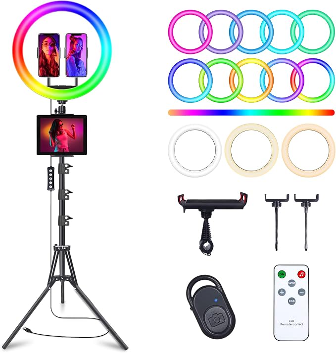 12" Selfie Ring Light with 75" Tripod Stand & 2 Phone Holder, LED Camera Ringlight with 48 RGB Colors Modes & Musical Rhythm Mode and 12 Brightness Dimmable for TikTok/Makeup/Photography/Vlog by Herrfilk