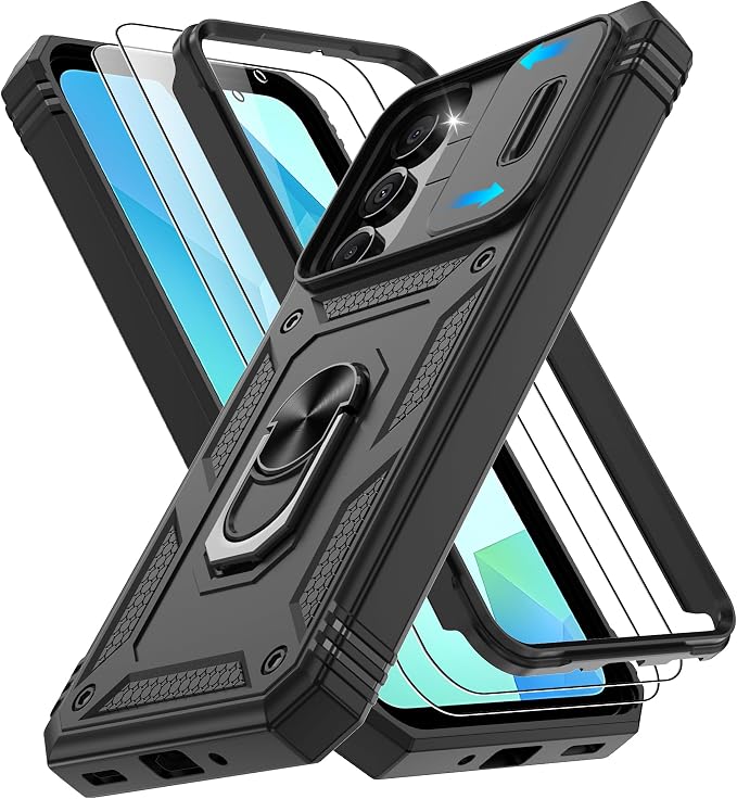 for Samsung Galaxy A06 Phone Case with 2PCS Screen Protector, Build in 360° Rotating Ring Kickstand, Military Grade Protective Case for Samsung A06 Phone, Black by Gritup