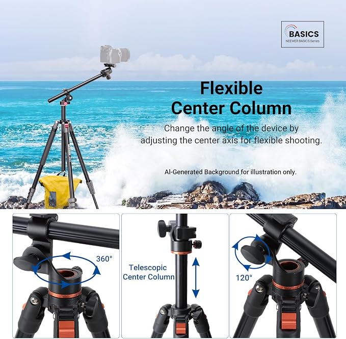 NEEWER Basics Overhead Camera Tripod Monopod with Ball Head & Horizontal Center Column, 76 Inch Tall Metal DSLR Video Travel Stand, Arca Type QR Plate & Inverted Legs, Max Load 17.6 lb, TP014 - Image 2