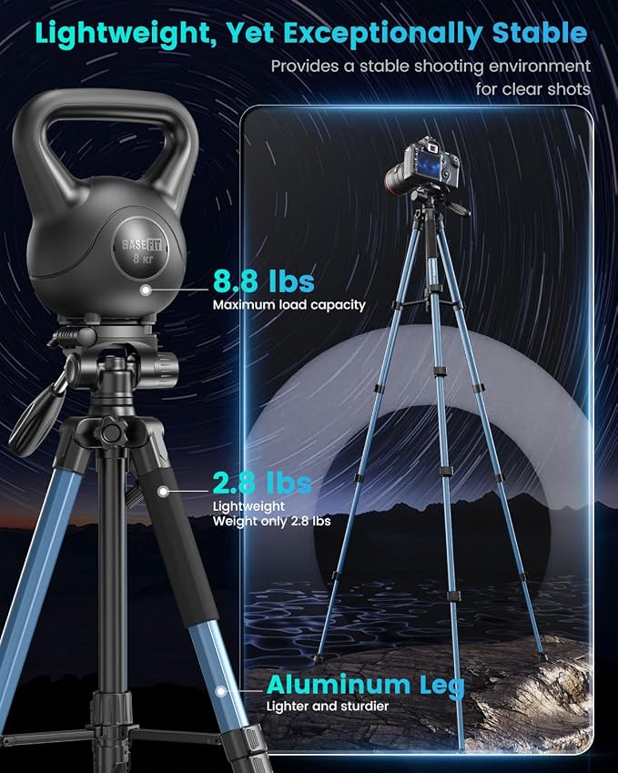 CAMBOFOTO 74″ Camera Tripod, 360° Aluminum Lightweight Tripod/Navy Blue | Heavy‐Duty Professional Tripod Stand for DSLR & Mirrorless Cameras/Smartphones/GoPro, with 360° Pan Head/Phone Mount - Image 2