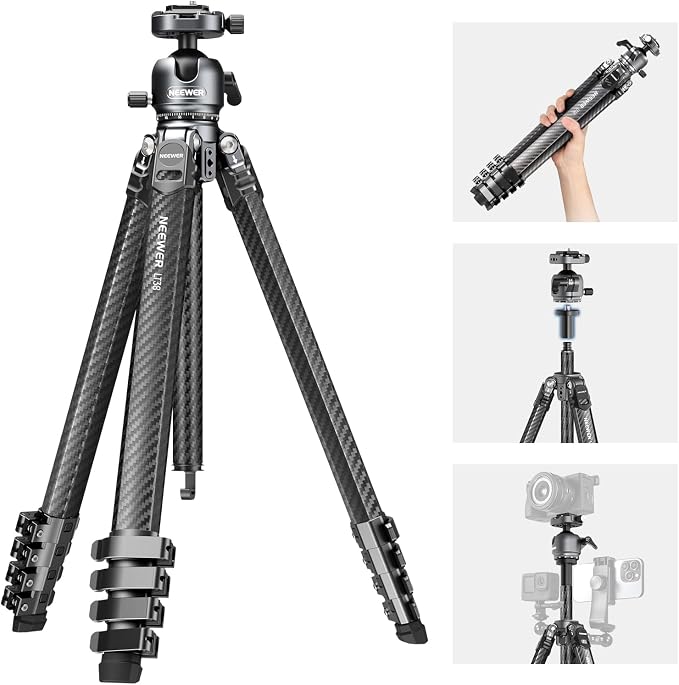 NEEWER LITETRIP LT38 61" Travel Tripod Carbon Fiber for Camera, 360° Pan Tilt Low Profile Ball Head, Flexible Center Axis, Arca QR Plate Compatible with PD, Max Load 22lb by Neewer