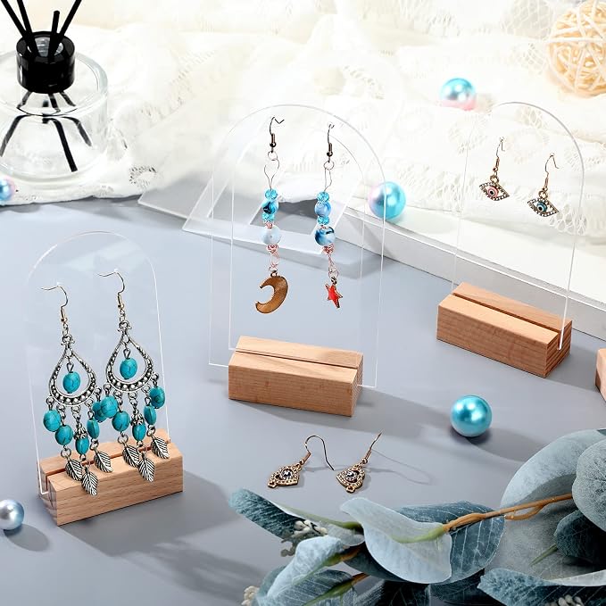 Yulejo Acrylic Earring Display Stand - Jewelry Retail Holder Arch with Wooden Bases for Studs & Dangle Earrings (24) - Image 4