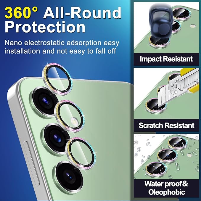 for Samsung Galaxy S24 FE Camera Lens Protector, Individual Metal Ring Tempered Glass Lens Cover, [Strong Adsorption] Scratch Resistant Ultra-Thin HD Clear Lens Cover, 1 Set-Colorful Sparkly - Image 3