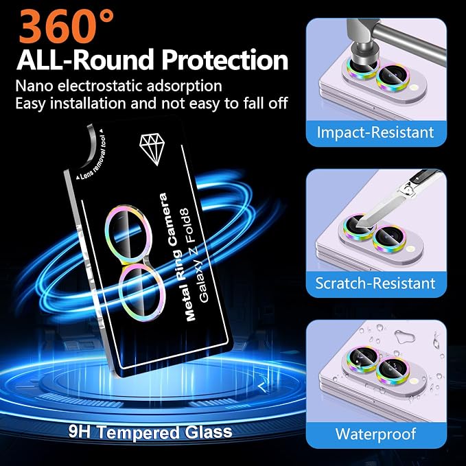 for Samsung Galaxy Z Fold 8 Camera Lens Protector, Individual Metal Ring Tempered Glass Lens Cover, [Strong Adsorption] Scratch Resistant Ultra-Thin HD Clear Lens Cover, 1 Set-Colorful - Image 3