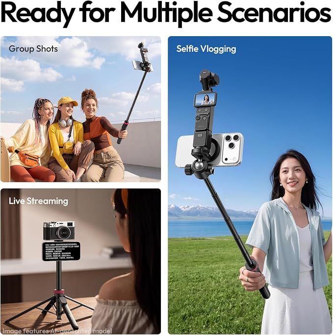 ULANZI MT44M Auto Open Magnetic Phone Tripod, 59" Selfie Stick with Remote | Tripod Stand 2-in-1 Dual Mount&1/4" Screw for Phone&Camera, 360°Ball Head for iPhone Android, Vlogging, Live Streaming, Black - Image 7