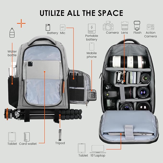 TARION Camera Backpack for Photographers Compact 15L, TB04 Grey | 15 Inch Laptop Compartment, Side Access Quick Draw, Anti-theft Hidden Pocket, Tripod Holder, Rain Cover, Travel-Friendly - Image 2