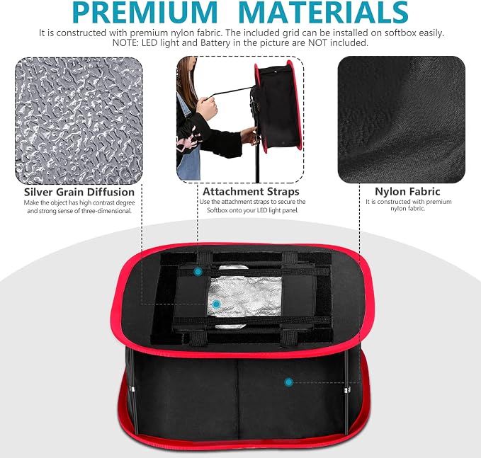 NEEWER Foldable Softbox Light Box with Strap Clip, Grill and Carry Bag | Compatible with NEEWER 480/660/530 LED Light Panels, Opening 9.3 x 8.3 in, Black + Red - Image 3