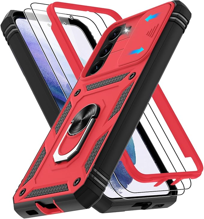 Gritup for Samsung Galaxy S22+ Plus Case with Screen Protector*2, Galaxy S22 Plus Case Build in 360° Rotating Ring Kickstand, Military Grade Protective Case for S22 Plus Phone, Red+Black by Gritup