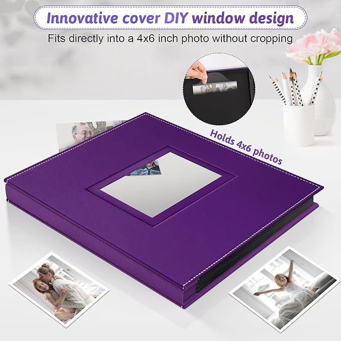 Popotop 4x6 Photo Album Holds 500 Pictures, Vegan Leather Hardcover | 500-Photos Capacity, Clear Slip-In Pockets, Large Collection Format, Front Photo Window, Gifts for Family Wedding Baby - Image 2