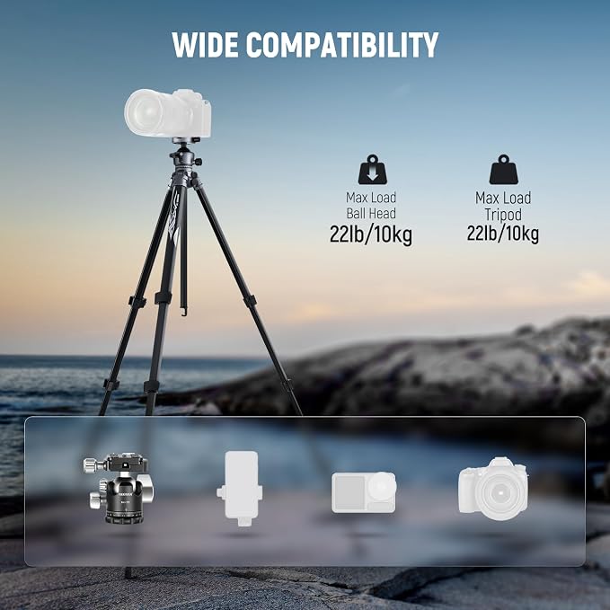 NEEWER LITETRIP LT07 61" Aluminum Travel Tripod for Camera | Pan Tilt Low Profile Ball Head, Arca QR Plate Compatible with PD Tripod Plate, Dual Center Axis, Phone Holder, Max Load 22lb - Image 7