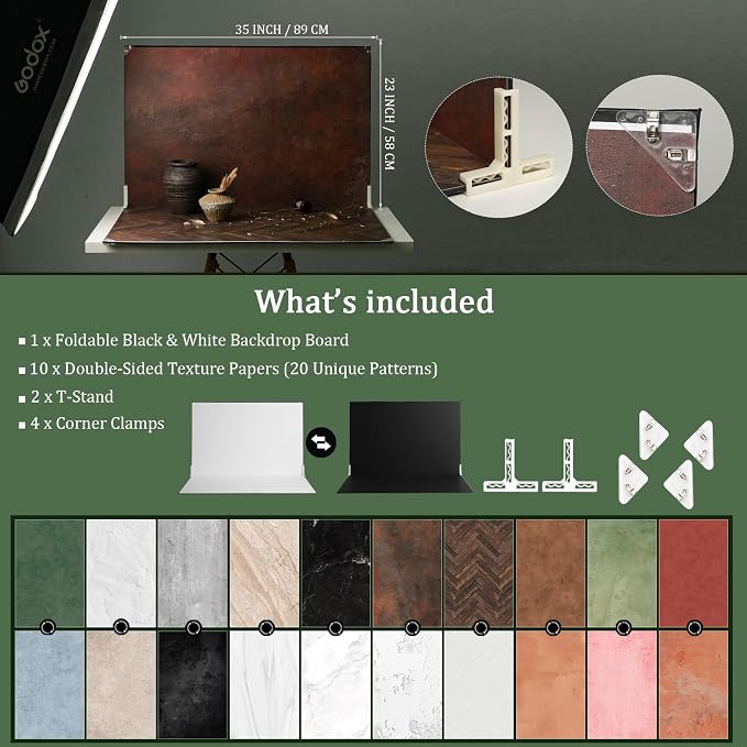 Food Photography Backdrops, 23x35inch, 10Pcs Double-Sided Paper | 20 Patterns, Photo Backdrop Board, With T-Stand & Clamps, For Jewelry, Cosmetics - Image 2