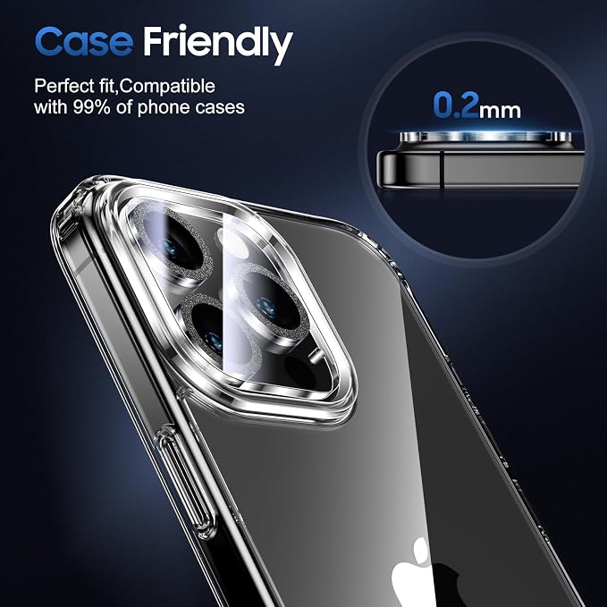 UniqueMe for iPhone 15 Pro/15 Pro Max Camera Lens Protector-Glitter Black | 3 Pack, Drop Protection, Case Friendly, 9H Tempered Glass, Camera Cover Screen, Update New Version - Image 6