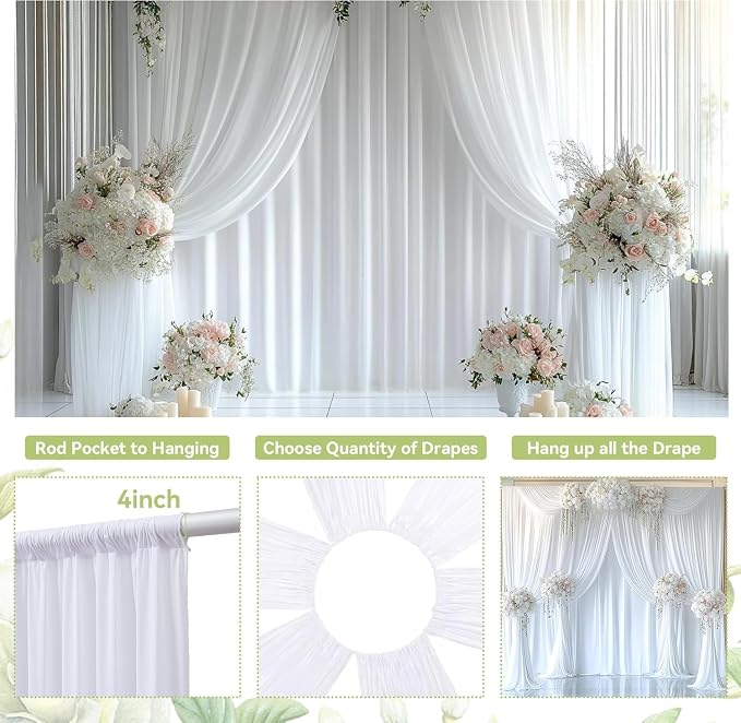 50x12 ft White Backdrop Curtains for Weddings Parties, Birthdays and Photos | 10 Panels 5x12 ft, Wrinkle-Free Polyester Drapes, Washable, Ironable, 4 in Rod Pocket for Baby Showers Photography Background - Image 7