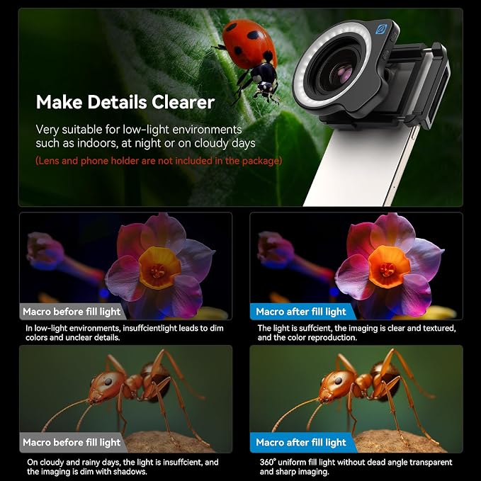 APEXEL Macro Lens Ring Light, 32 High CRI LEDs with 45 Lighting Modes for 37mm/52mm Thread, Ideal for APEXEL 100mm SLR Macro Lens Attachments - Image 5