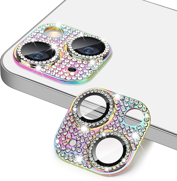 for iPhone 13 & iPhone 13 Mini Camera Lens Protector, Bling 3D Rhinestone Sparkle Diamond 9H Tempered Glass Camera Cover Anti Scratch Shockproof Metal Lens Screen Full Protective Cover by Hsefo