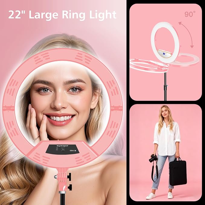 22" Ring Light with Stand: Touch Screen LED Display & 75" Tall Tripod, | 3 Color modes 6500K / 2 USB Ports Foldable LED Big Ring Light Tripod for Live Stream,YouTube,TikTok Video Shooting, Pink - Image 2