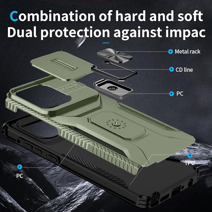 for Moto G Stylus 2025 Case,with Sliding Camera Lens Cover,HD Screen Protector,360° Rotating Kickstand, Military-Grade Shockproof Protective Cover for Motorola G Stylus 5G 2025,Army Green - Image 4