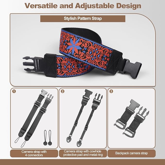 Adjustable Camera Neck Strap, Vintage Embroidered Shoulder & Crossbody Camera Strap with 4 Connection Ways, Anti-Slip Camera Strap for DSLR, Mirrorless & Camcorder, Travel & Outdoor Photography Gear - Image 4